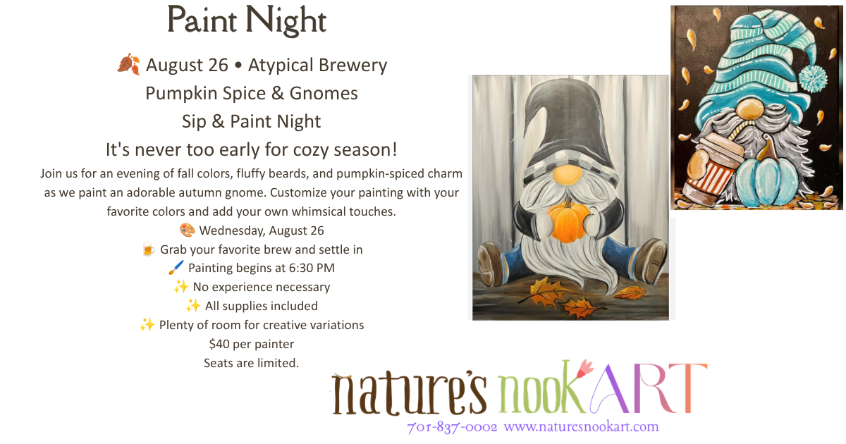 Aug. 26 Pumpkin Spice & Gnomes Sip and Paint at Atypical
