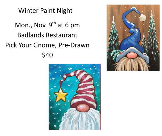 Nov. 9 Winter Gnomes Paint Night at Badlands Restaurant