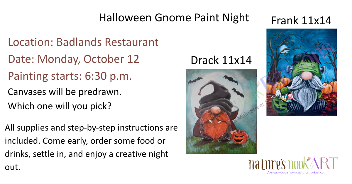 Oct. 12th Gnomes Night Out Sip and Paint
